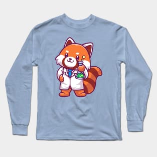 Cute Red Panda Scientist Holding Chemical Liquid Cartoon Long Sleeve T-Shirt